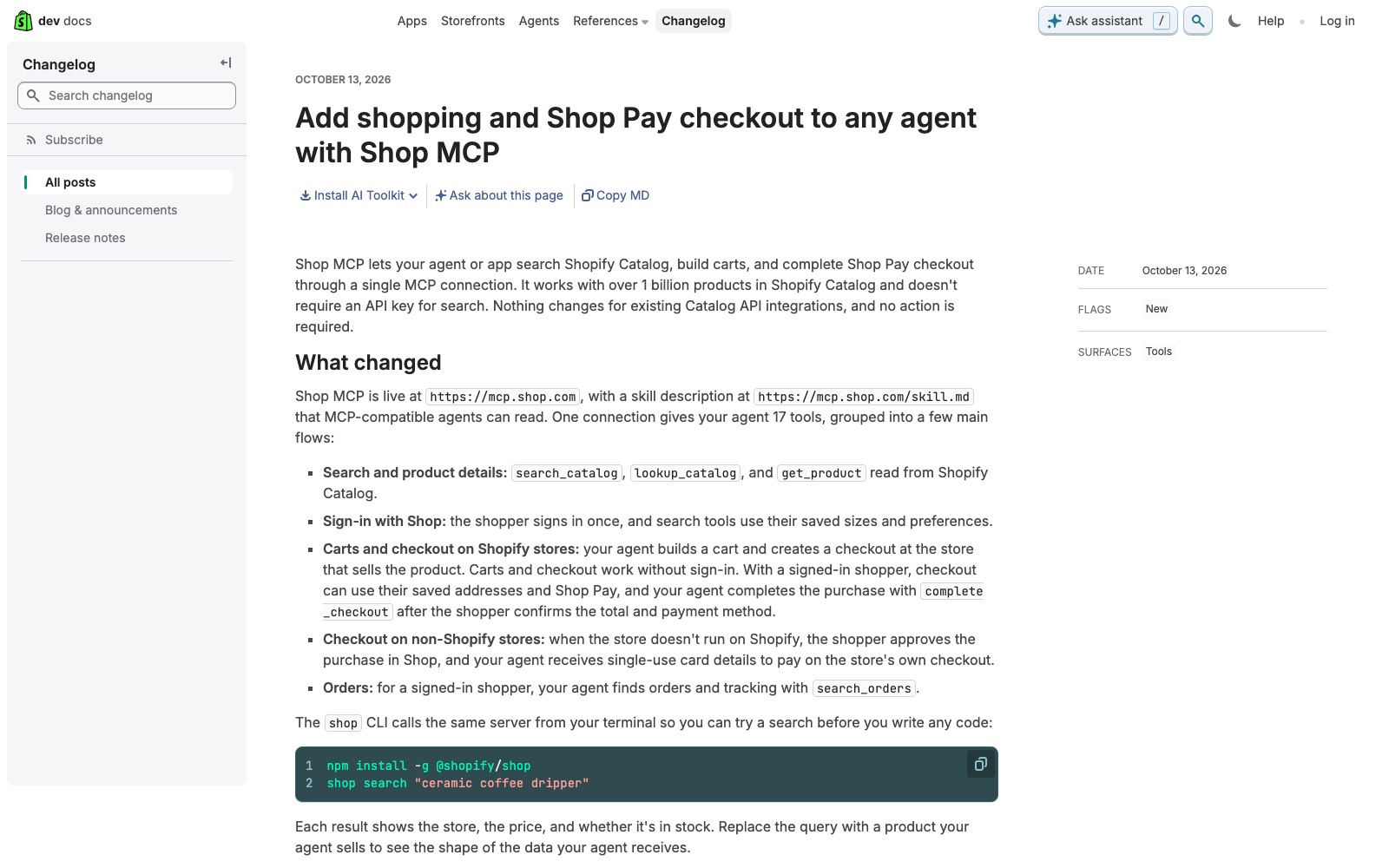 The original story on Shopify Developer Changelog